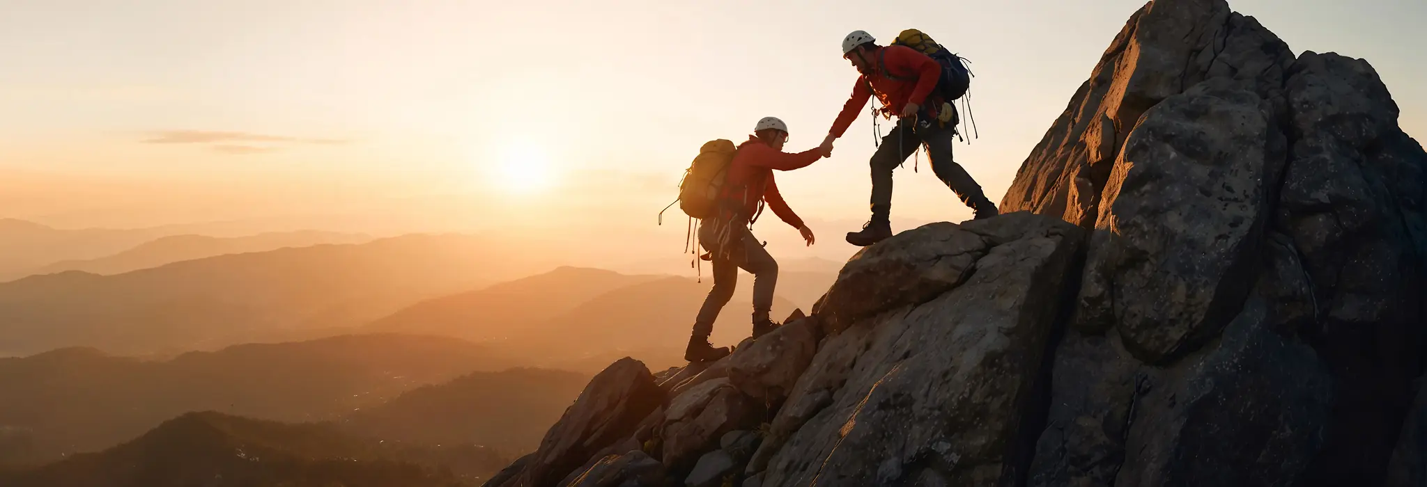 two-climbing-friends-helping-each-other-as-team-reach-mountain-peak